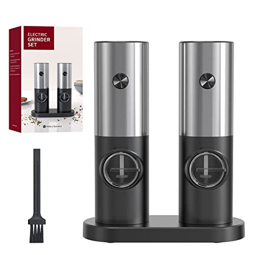 CIRCLE JOY Salz und Pfeffermühlen Elektrische 2er Set Batteriebetriebenen Gewürzmühle mit Basis, Weißem LED-Licht und Einstellbarer Grobheit, Silber Schwarz von CIRCLE JOY