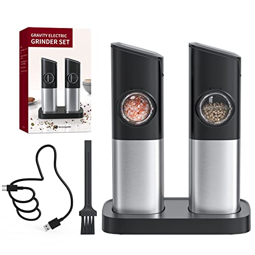 CIRCLE JOY Schwerkraft Salz und Pfeffermühlen Elektrische 2er Set Wiederaufladbare Gewürzmühle mit Doppelter Ladestation, Staubdichter Abdeckung, Bürste, Weißem LED-Licht, und Einstellbarer Grobheit von CIRCLE JOY