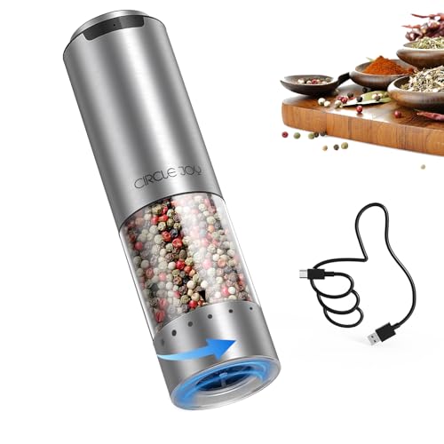 CIRCLE JOY Wiederaufladbarer Pfeffermühle Elektrischer Gewürzmühle aus Edelstahl mit 95ml Transparenter Behälter, Weißem LED-Licht und Extern Einstellbare Rauheit von CIRCLE JOY