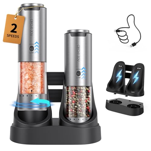 CIRCLE JOY Wiederaufladbares Elektrische Salz und Pfeffermühle 2er Set aus Edelstahl mit 2-in-1 Ladestation, 95ml Behälter, Weißem LED-Licht, Extern Einstellbare Rauheit und 2 Schleifgeschwindigkeiten von CIRCLE JOY