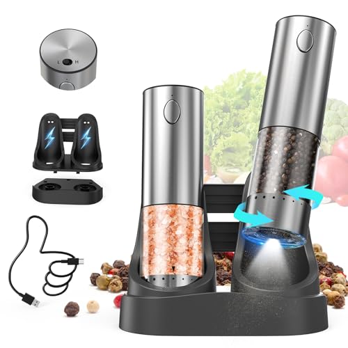 CIRCLE JOY Wiederaufladbares Elektrische Salz und Pfeffermühle Set aus Edelstahl mit Ladestation, 95ml Behälter, Weißem LED-Licht, Extern Einstellbare Rauheit und 2 Schleifgeschwindigkeiten, Silber von CIRCLE JOY
