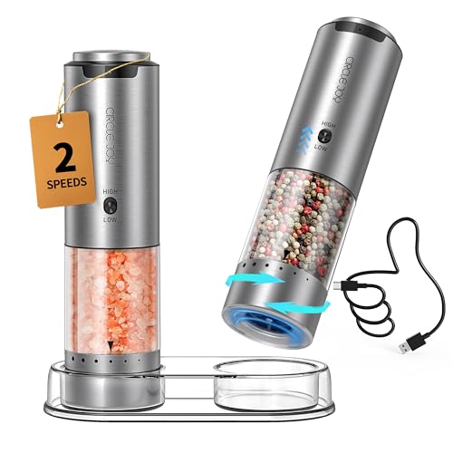 CIRCLE JOY Wiederaufladbares Elektrisches Salz und Pfeffermühlen Set mit Sockel, Gewürzmühlen Edelstahl mit 95ml Behälter, Weißem LED-Licht, Extern Einstellbare Rauheit und 2 Schleifgeschwindigkeiten von CIRCLE JOY