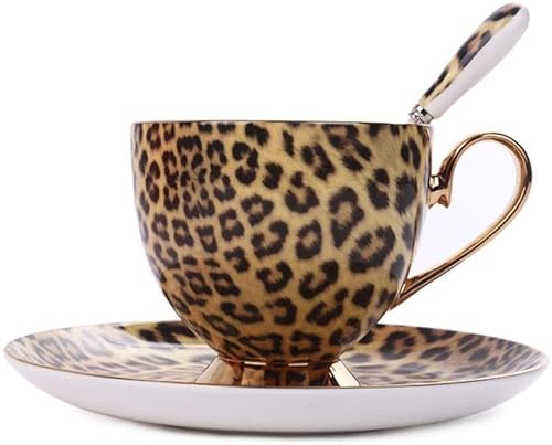 CIRONI Teetassen-Set, Keramiktasse, klassische vergoldete Kaffeetasse mit Leopardenmuster, Untertasse und Löffel, für Teetasse im Heimbüro, 200 ml Teetassen- und Untertassen-Set von CIRONI