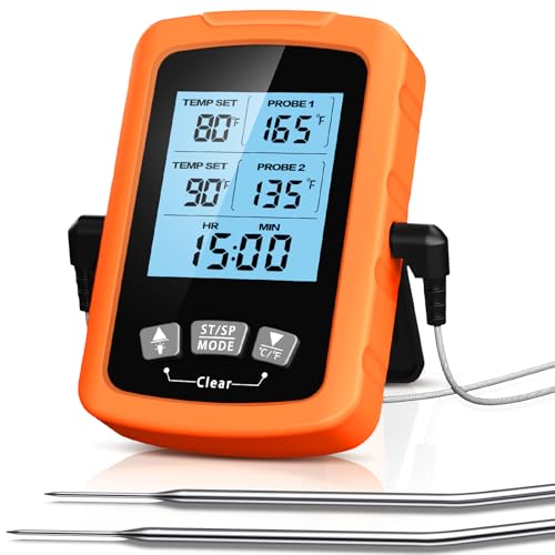 CIRYCASE Fleischthermometer Digital, Schnell & Präzise Ablesbares Ofenthermometer mit Zwei 16,3cm Edelstahlsonden, Grillthermometer mit Auto ON/OFF, Timer & LCD Bildschirm, für Kochen, BBQ, Küche von CIRYCASE