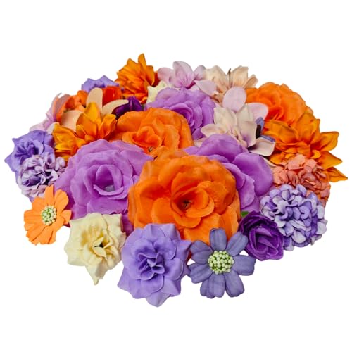 CIRenchen 42 Stück Kunstblumen zum Basteln Künstliche Blumenköpfe 3~8cm, Mini Deko Blumen Künstlich Mini Seidenblumen für DIY-Bastelarbeiten Hochzeitsdeko Tortendeko und Scrapbooking (Orange + Lila) von CIRenchen
