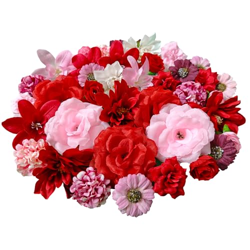 42 Stück Kunstblumen zum Basteln Künstliche Blumenköpfe 3~8cm, Mini Deko Blumen Künstlich Mini Seidenblumen für DIY-Bastelarbeiten Hochzeitsdeko Tortendeko und Scrapbooking (Rosa + Rot) von CIRenchen