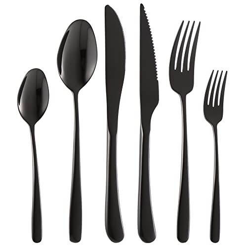 CISAY Besteck Set für 6 Personen, 36 Teilig Schwarz Edelstahl Essbesteck Set,Besteck inkl.Messer/Gabel/Löffel/Steakmessern,Spiegelpoliert, Spülmaschinenfest von CISAY