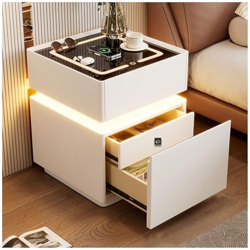 CISIYOO LED-Nachttisch mit Ladestation, mit kabelloser Ladestation, Safe mit Fingerabdruckschloss, intelligenter Nachttisch mit Bewegungssensor, für Schlafzimmer und Büro (Cremefarben) von CISIYOO