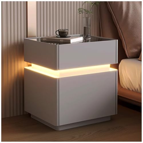 CISIYOO LED-Nachttisch mit Ladestation, mit kabelloser Ladestation, Safe mit Fingerabdruckschloss, intelligenter Nachttisch mit Bewegungssensor, für Schlafzimmer und Büro (Hellgrau) von CISIYOO