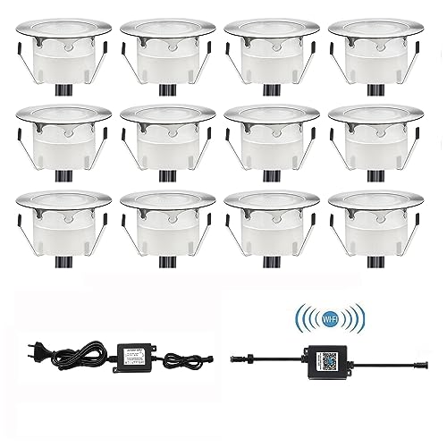 CISLAN LED Terrassen Bodeneinbaustrahler RGB 12er Set, Ø45mm WiFi Terrasse Einbauleuchten Kompatibel mit Amazon Alexa, IP67 Wasserdicht App Steuerbar LED Außen Boden Licht für Küche von CISLAN