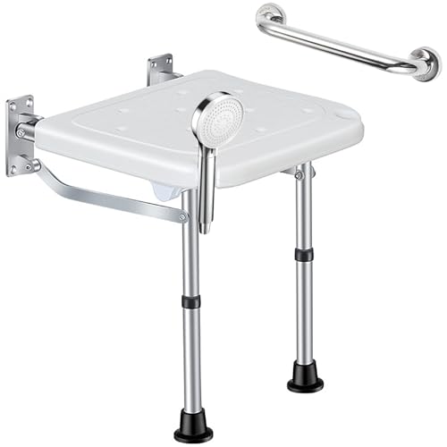 Duschsitz Klappbar Wandmontage Hohenverstellbar Duschstuhl Duschklappsitz mit Armlehnen, Badestuhl Duschhocker Badhocker Wandklappstuhl bis 400LBS Duschhocker für Senioren, Behinderte von CISSIYOG