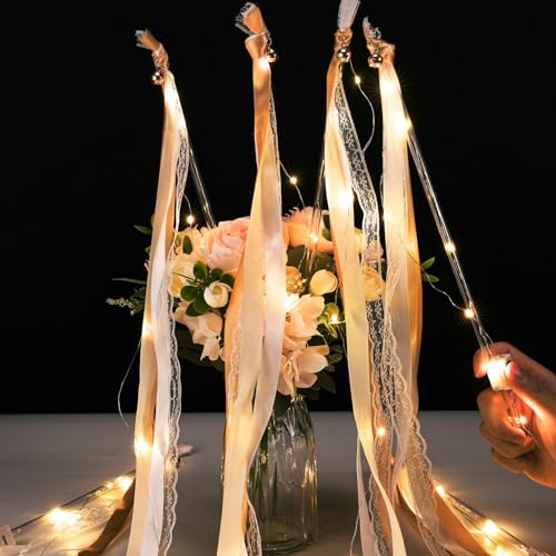 Wedding Wands mit LED Warmweiße Glowstick,Leuchtstäbe Set für Hochzeitsdeko Zauberstäbe Hochzeitsbändern Seidenfeenstab Luftschlangen mit Glocke fur Hochzeiten Geburtstage Weihnachten (champagne) von CISSIYOG
