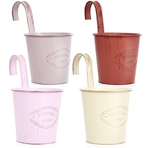 CITÉTOILE 4er Set Hängender Blumentopf mit Drainageloch, Bunter Metall-Blumentopf mit Abnehmbar Haken, Vintage Style Dekotation Balkon Garten Wand Zaun Draussen Innenwand, Modell-01 von CITÉTOILE