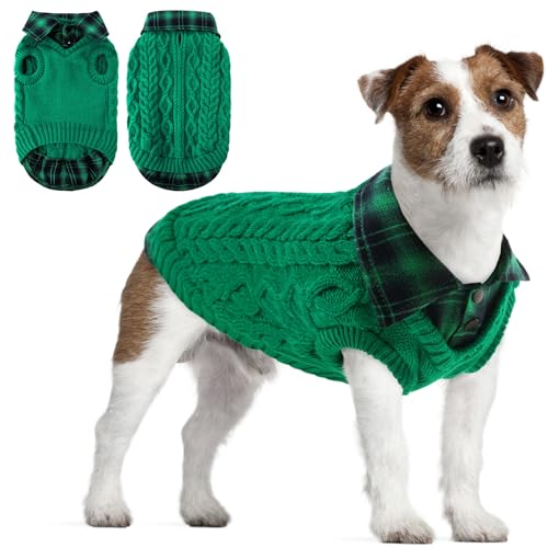 CITÉTOILE Warme Hundepullover mit Karomuster, Rollkragen & Leinenlöchern – Winter Welpenkleidung für kleine/mittlere/große Hunde Katzepullover für Weihnachten, Grün, M von CITÉTOILE