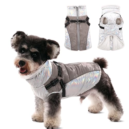 CITÉTOILE Warmer Hundemantel mit Geschirr, Wasser & Winddichte Reflektierender Winter-Hundebekleidung für Kaltes Wetter, Hundejacke mit Reißverschluss und Stehkragen für Kleine Hunde, Khaki, L von CITÉTOILE