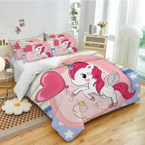 CIUNVXD 3 Teilig Kinder Rosa Cartoon Einhorn Bettbezüge Set,Niedliches Einhorn,Regenbogen Einhorn Bettbezug für Jungen Mädchen (A, 135x200cm) von CIUNVXD