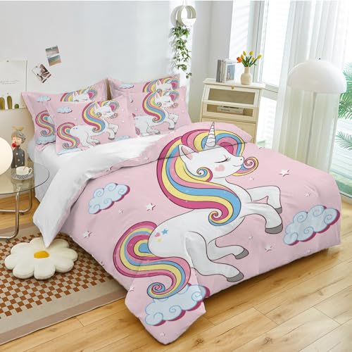 CIUNVXD 3 Teilig Kinder Rosa Cartoon Einhorn Bettbezüge Set,Niedliches Einhorn,Regenbogen Einhorn Bettbezug für Jungen Mädchen (B, 200x200cm) von CIUNVXD