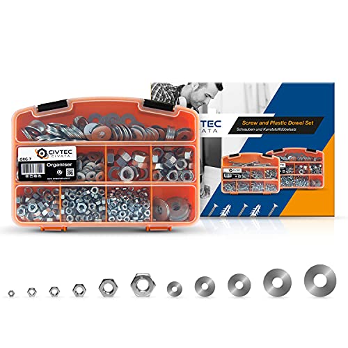 Civtec Muttern Sortiment Mit Unterlegscheiben, Edelstahl Sechskant Muttern Set, Flache Scheibe Box, Verschenkbarer Werkzeugkasten, Sortiment Kit, DIN934, 911pcs M3-M4-M5-M6-M8-M10 Civtec Muttern Sortiment Mit Unterlegscheiben, Edelstahl Sechskant Muttern Set, Flache Scheibe Box, Verschenkbarer Werkzeugkasten, Sortiment Kit, DIN934, 911pcs M3-M4-M5-M6-M8-M10 von CIVTEC CIVATA