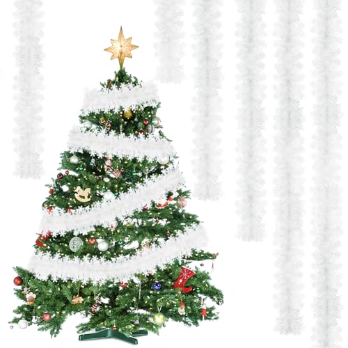 Weihnachtsbaum Lametta Girlande, CIYIN 5 x 2M Girlande Weihnachten Weiß Schneeflocken, Tannengirlande Weihnachten, Weihnachtsgirlande, Weihnachtsdeko Girlande für Türen Kamine Treppengeländer von CIYIN