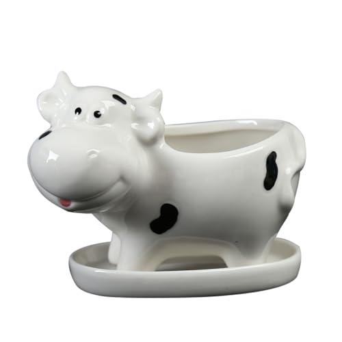 CIYODO 1Stück Kuhförmiger Keramik Blumentopf mit Untersetzer für Sukkulenten und Pflanzen Desktop Ornament für Büro und Zuhause Langlebig und Leicht von CIYODO
