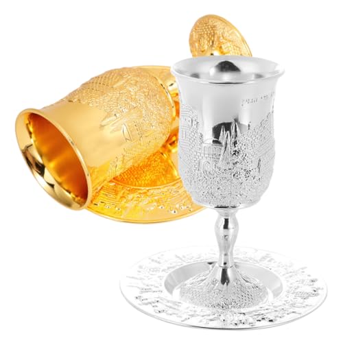 CIYODO 2 Sätze Judaica Passover Seder Metall Weinbecher mit Untertasse Hoher Prunkvoller Trinkpokal für Shabbat Hochzeit Tischdekoration Feiertagsschale von CIYODO