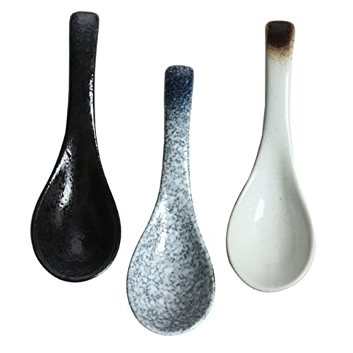 CIYODO 3 Stück Keramik Löffel Japanischer Stil Vintage Suppenlöffel Kurzgriff Anti hitze Beikostlöffel für Brei Ramen Nudeln Alltagsschalen Blau Schwarz von CIYODO