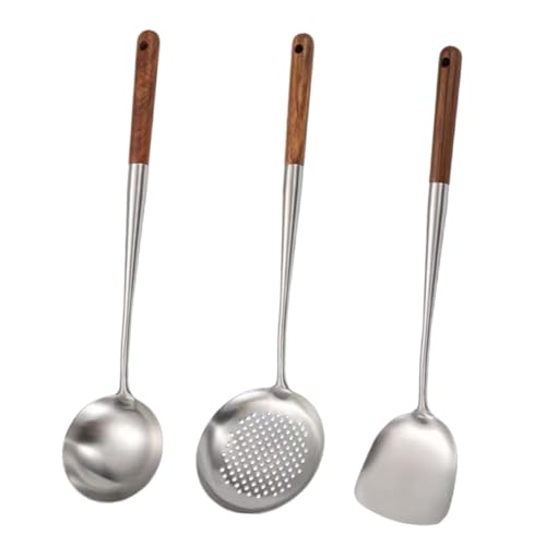 CIYODO 3 Stück Kochutensilien Teilig mit Holzgriff Spatel Schöpflöffel und Schaumlöffel für Wok und Kochen Hitzebeständig und Spülmaschinenfest von CIYODO