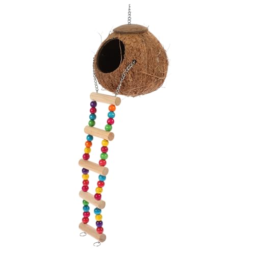 CIYODO Natürliches Reptilienversteck Kokosnuss Schale mit Leiter Hängendes Kokosnussschalen Nest für Sichere Versteckmöglichkeit und Komfortables Schlafen Dekoratives Reptilienhaus für von CIYODO