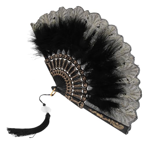 CIYODO Vintage Feder Fächer mit Metallrahmen Leichter Handfächer mit Schwarzer Plume für Hochzeit Tanz und Kostüm Eleganter Chinesischer Stil Tragbarer Damen Fächer für Besondere Anlässe von CIYODO