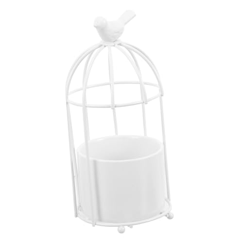 CIYODO Vogelkäfig Blumentopf mit Keramikvase Goldbeschichtetes Eisenregal Weißer Pflanzgefäß für Sukkulenten Stilvolle Desktop Dekoration Langlebiges Zimmerpflanzen Accessoire von CIYODO