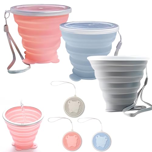 CJAPGJW 3 Stück 270 ml Faltbecher, Faltbarer Becher Mit, Faltbarer Trinkbecher Für Outdoor, Reisen Und Wandern, Leichtes Und Kompaktes Design（Hellblau, Hellgrau Und Blassrosa） von CJAPGJW