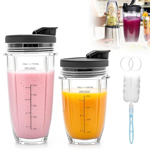Mixer Becher und Deckel Zubehör für Ninja, CJBIN 2 Stück Mixer Ersatzteile für Ninja, Blender Becher Ersatzteile mit 2 Dichtungen für Ninja Küchenmaschine SS100, SS101, SS300, 18oz & 24oz von CJBIN