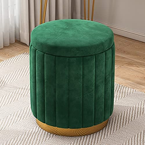 CJGKDJS Round Velvet Storage Ottoman,Upholstered Soft Foot Rest Stool with Gold Base,Large Capacity Vanity Stool Chair,Green,34X34X45Cm von CJGKDJS