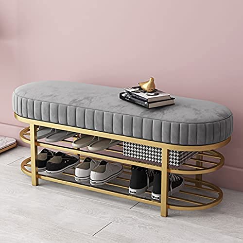 CJGKDJS Velvet Luxurious Shoe Bench with Metal Support,End of Bed Bench for Bedroom Living Room,Sitable Large Capacity Shoe Shelf,Grey,60X32X43Cm von CJGKDJS
