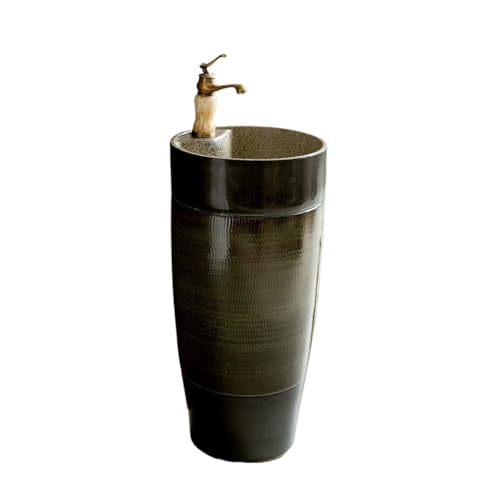 CJHFR472SG Klassisch Schwarzes Keramik-Standwaschbecken mit Wasserhahn und Abfluss-Set, Standwaschbecken for den Balkon oder das Hotel Waschbeckenunterschrank von CJHFR472SG