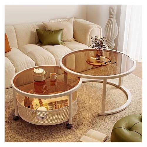 CJHFR472SG Modern Wohnzimmer-Beistelltisch, beweglicher Couchtisch, Kombination, einfacher Haushalts-Kleintisch aus Glas, runder Tisch mit Rädern, Sofa-Couchtisch Einfach(Bruin) von CJHFR472SG