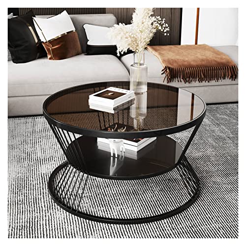 Modern 23,6" 2-stufiger runder Couchtisch mit offenem Ablagefach for Wohnzimmer, Tischplatte aus gehärtetem Glas, Metallrahmen, schlichter und moderner Mitteltisch for kleinen Raum Einfach(Black+Brown von CJHFR472SG