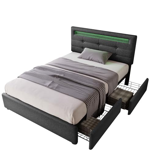 CJHXE Einzelbett 90x200 mit LED-Beleuchtung & 2 Schubladen – Höhenverstellbares Polsterbett, Grau, inkl. Holzlattenrost, max. 136 kg belastbar (Ohne Matratze) von CJHXE