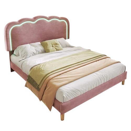 CJHXE Polsterbett 140x200 mit LED-Kopfteil & Musikfunktion – Verstellbares Samtbett in Rosa, inkl. Lattenrost, Jugendbett für Mädchen, Mädchenzimmer (Ohne Matratze) von CJHXE