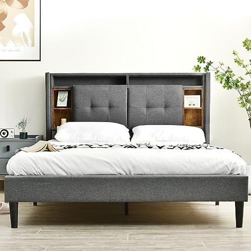 CJHXE Polsterbett 140x200 mit Stauraum-Kopfteil & USB-Ladestation - Doppelbett mit LED-Beleuchtung, Musikfunktion, Holzlattenrost, Grau (Ohne Matratze) von CJHXE