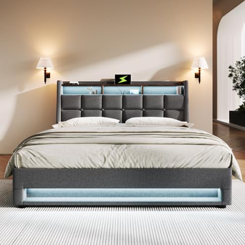CJHXE Polsterbett 140x200 mit Stauraum – LED-Schrankbett, Jugendbett 140x200 mit Stauraum, Bett mit Stauraum aus Leinenstoff & Metallrahmen-Lattenrost (Ohne Matratze) von CJHXE