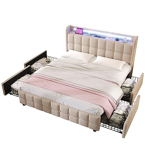 CJHXE Polsterbett 140x200 mit Stauraum & LED-Beleuchtung – Elektrisches Kopfteil mit USB-Ladefunktion, 4 Schubladen, Robustes Bettgestell, Doppelbett, beige (ohne Matratze) von CJHXE