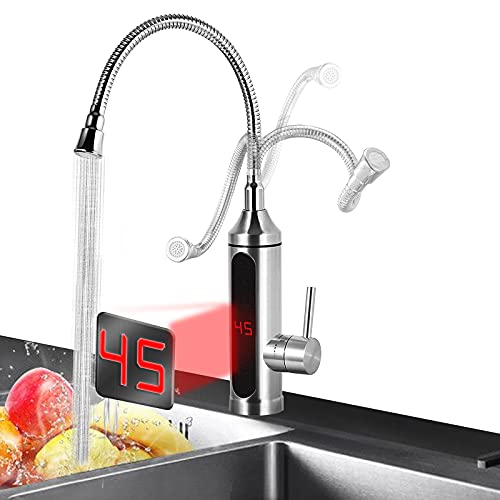 Elektrische Wasserhahn Edelstahl Armatur 3300W Sofortiger Warm KüChenarmatur Elektrischer Heizung Wasserhähnen, Mischbatterie mit Durchlauferhitzer-360° LED Temperaturanzeige Smart Heater Armatur von CJHZQYY