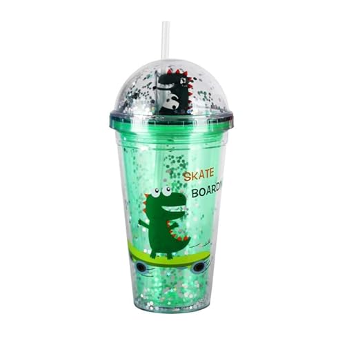 CJHZQYY Plastikbecher Mehrweg, Trinkbecher Dinosaurier Nette Wasserflasche Cartoon Pailletten Wasserflaschen mit Strohdeckel, Doppelte transparente Kaffeetasse Reisebecher - 500ML (TYP2) von CJHZQYY