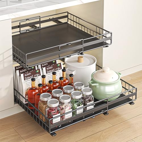 CJJZFO Teleskopschublade 2er Set: Küchenorganizer mit Geräuschlose Gleitschiene, 8kg Tragkraft Anti-Rutsch Eisenkunst Einstellbare Breite 31-51cm für Küche Pantry Organisation (Schwarz) von CJJZFO