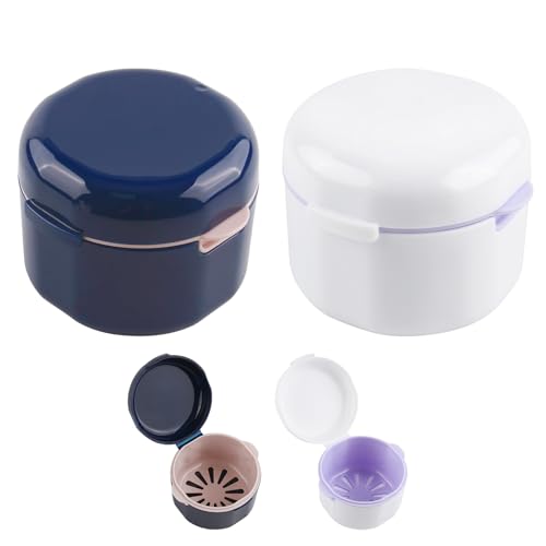 2 Stück Zahnspangendose mit Sieb, Doppelschichtige Aufbewahrungsbox Gebissdose, Einweichen Prothesendose, Zahnprothesen Box für Lagerung Zahnprothesen Zahnersatz für Paare and Kinder, Blau + Weiß von CJMUQHEHH