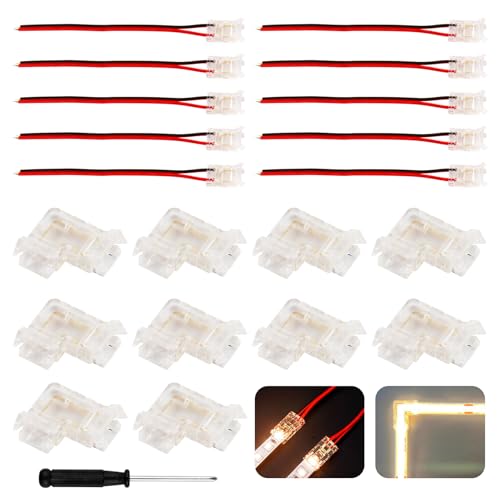 CJMUQHEHH 20 Stück COB LED Streifen Verbinder, Lötfreies LED Stecker 2 Polig für 8mm Breite COB 2 Pin, 10 Pcs Eckverbinder & 10 Pcs Transparente Mittelverbinder Streifen Verbinder für 12V/24V von CJMUQHEHH