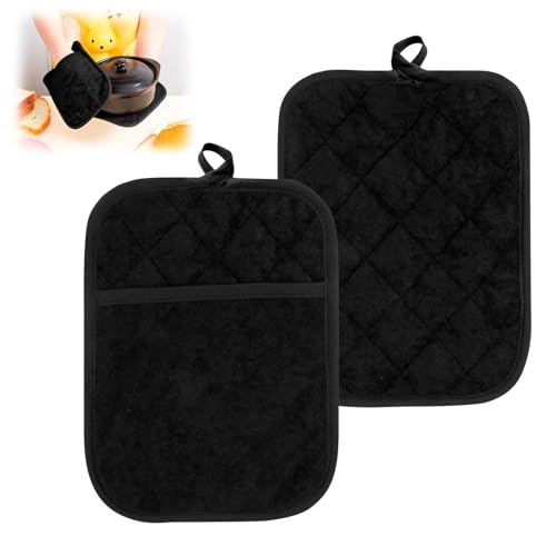 2er Set Topflappen Schwarz aus Baumwolle mit Taschen, Ofenhandschuhe Hitzebestaendig, Anti Rutsch Ofenhandschuhe Schwarz, Backofenhandschuhe für Kochen, Backen und Grillen, Größe 7'' x 9'' von CJMUQHEHH