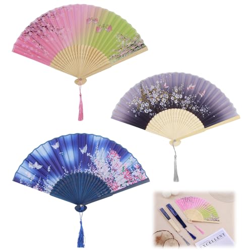 3 Stück Handfächer Chinesischen Stil Hand Fächer mit Quasten, Faltbare Fächer Handfächer, Holz Geschnitzten Bambus Handheld Faltfächer, Bambusfächer mit Quaste für Tanzen, Cosplay, Party,Requisiten von CJMUQHEHH
