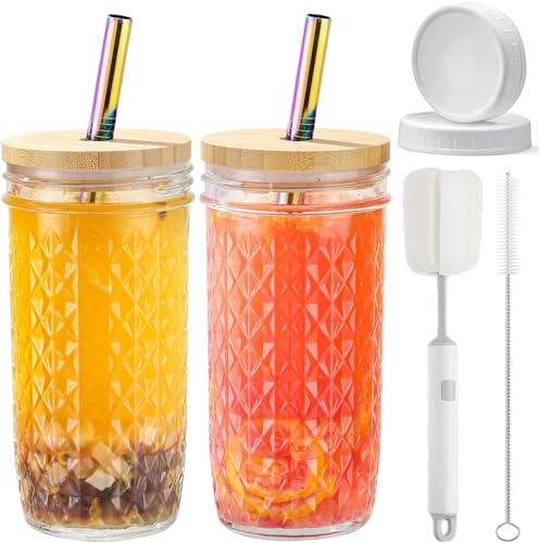 CJWLKJ 2 Stück Glasbecher mit Bambusdeckel und Strohhalmen, 680 ml, Boba Bubble Teetassen mit 2 luftdichten Deckeln, Eiskaffeetasse, wiederverwendbare Diamant-Einmachglas-Trinkgläser für Smoothie, von CJWLKJ